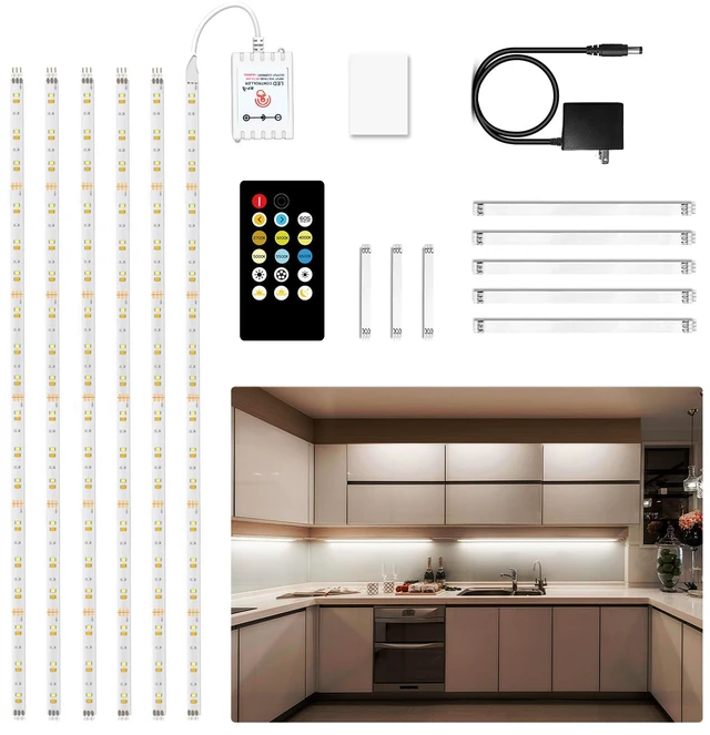 Main image of Under Cabinet Lighting kit, 6 PCS LED Strip Lights with Remote, Dimmer and Adapter, Dimmable for Kitchen Cabinet,Counter,TV Back,Showcase 2700K-6500K Warm to Daylight White, Timing, 20ft