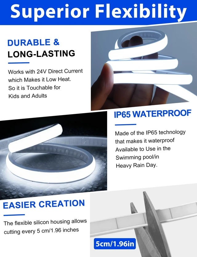 Alt view image 6 of 7 - COB LED Strip Lights 32.8ft, White Dimmable Neon Rope with Remote Flexible Tape, Self-Adhesive, Quick Connect, Waterproof, 6000K 24V Silicone for Bedroom, Cabinet, Indoor, 10mm Wide, CRI 90+
