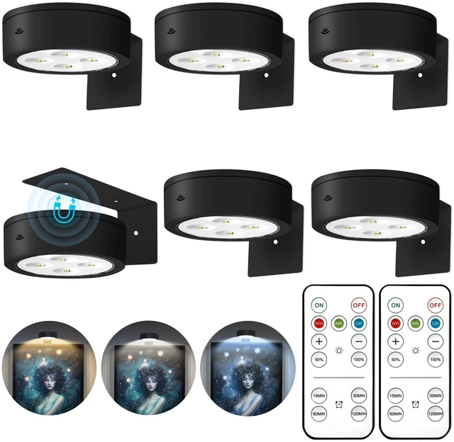 Main image of Picture Lights for Wall, Wireless Poster Lights Battery Operated, Black LED Magnetic Painting Light with Remote Dimmable, Timer3 Lighting Modes, Art Display Puck Light for Frame Portrait, 6 Pack