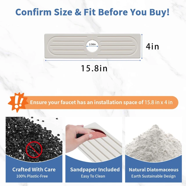 Alt view image 3 of 7 - Kitchen Faucet Mat, Quick Drying Diatomite Sink Faucet Mat Splash Guard for Kitchen, Water Absorbing Stone Tray for Sink, Absorbent Stone Drying Tray for Bathroom Counter