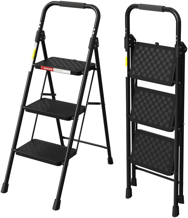 Main image of 3 Step Ladder, Folding Step Stool with Wide Anti-Slip Pedal Step Stool Foldable with Cushioned Handle for Home and Kitchen, Black