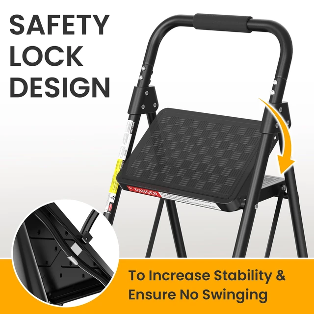 Alt view image 3 of 7 - 3 Step Ladder, Folding Step Stool with Wide Anti-Slip Pedal Step Stool Foldable with Cushioned Handle for Home and Kitchen, Black