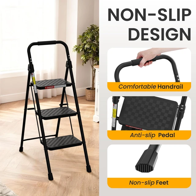 Alt view image 4 of 7 - 3 Step Ladder, Folding Step Stool with Wide Anti-Slip Pedal Step Stool Foldable with Cushioned Handle for Home and Kitchen, Black
