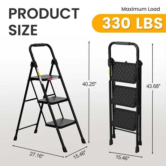 Alt view image 6 of 7 - 3 Step Ladder, Folding Step Stool with Wide Anti-Slip Pedal Step Stool Foldable with Cushioned Handle for Home and Kitchen, Black
