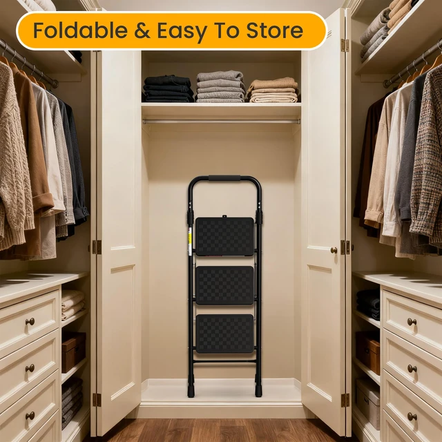 Alt view image 7 of 7 - 3 Step Ladder, Folding Step Stool with Wide Anti-Slip Pedal Step Stool Foldable with Cushioned Handle for Home and Kitchen, Black