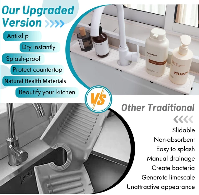 Alt view image 6 of 7 - Fast Drying Stone Faucet Mat for Kitchen Sink with Raised Feet, Water Absorbent Diatomite Stone Sink Tray, Faucet Sink Splash Guard, Prevents Moisture Buildup, Durable Protector for Bathroom Counter