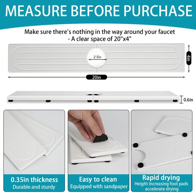 Alt view image 7 of 7 - Fast Drying Stone Faucet Mat for Kitchen Sink with Raised Feet, Water Absorbent Diatomite Stone Sink Tray, Faucet Sink Splash Guard, Prevents Moisture Buildup, Durable Protector for Bathroom Counter
