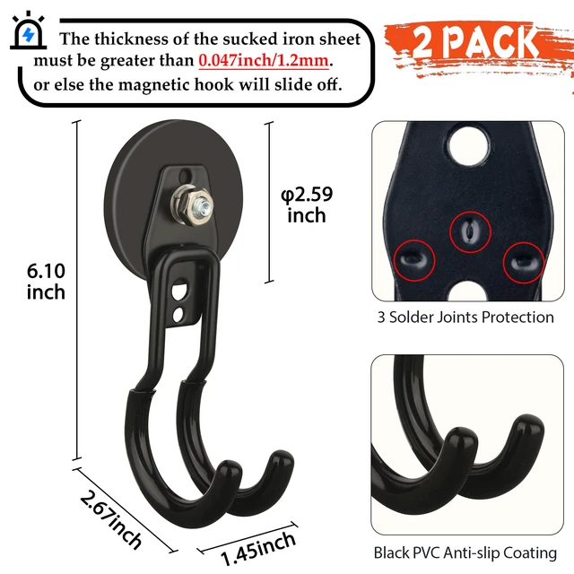 Alt view image 2 of 7 - New Upgraded Garage Magnetic Hooks, 2 Pack Black Heavy Duty Large J Hooks with Magnet, Black Strong Anti-Slip Coating Magnet Hooks for Garden Tools, Ropes,Drill,Metal Cabinet,Pegboard