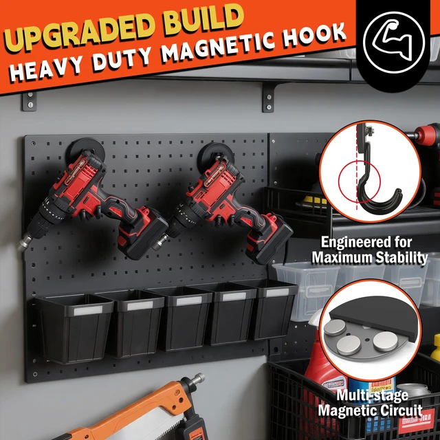 Alt view image 3 of 7 - New Upgraded Garage Magnetic Hooks, 2 Pack Black Heavy Duty Large J Hooks with Magnet, Black Strong Anti-Slip Coating Magnet Hooks for Garden Tools, Ropes,Drill,Metal Cabinet,Pegboard