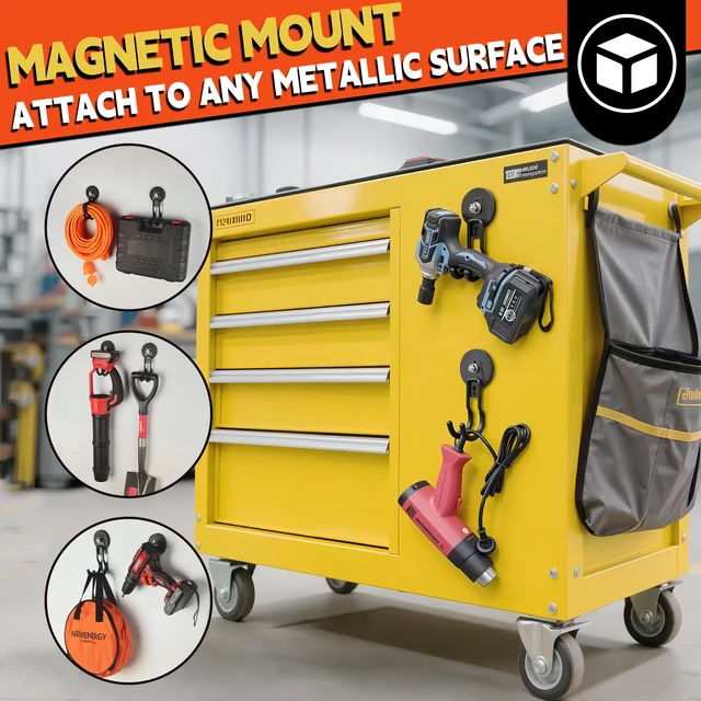 Alt view image 7 of 7 - New Upgraded Garage Magnetic Hooks, 2 Pack Black Heavy Duty Large J Hooks with Magnet, Black Strong Anti-Slip Coating Magnet Hooks for Garden Tools, Ropes,Drill,Metal Cabinet,Pegboard