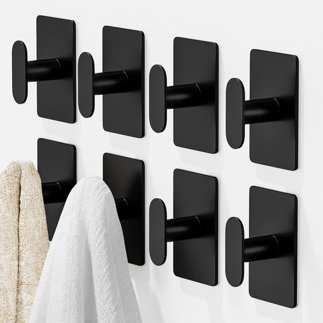 Main image of Adhesive Towel Hooks: 20LB Extra Strong Wall Hanger, Black 8 Pack