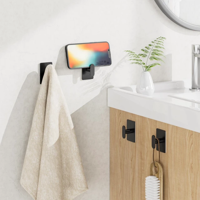 Alt view image 7 of 7 - Adhesive Towel Hooks: 20LB Extra Strong Wall Hanger, Black 8 Pack