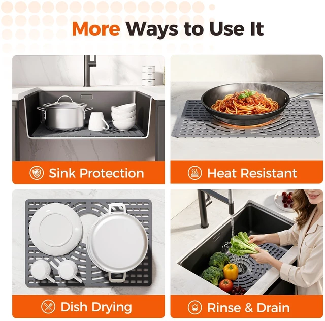 Alt view image 6 of 7 - Silicone Sink Protector for Kitchen Sink, 19"x13" Rear Drain Scratch protection, cushions fragile dishes and glassware, dishwasher safe, food-grade silicone, 446°F heat resistant