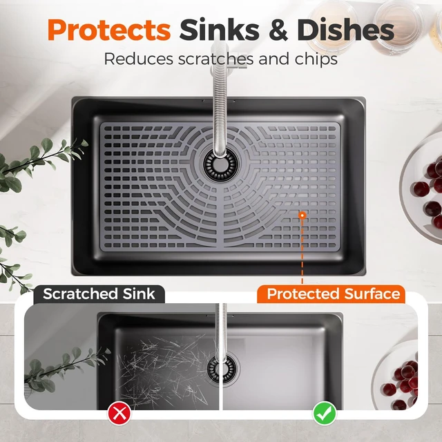 Alt view image 3 of 7 - Silicone Sink Protector for Kitchen Sink, 26x14" Rear Drain Scratch protection, cushions fragile dishes and glassware, dishwasher safe, food-grade silicone, 446°F heat resistant