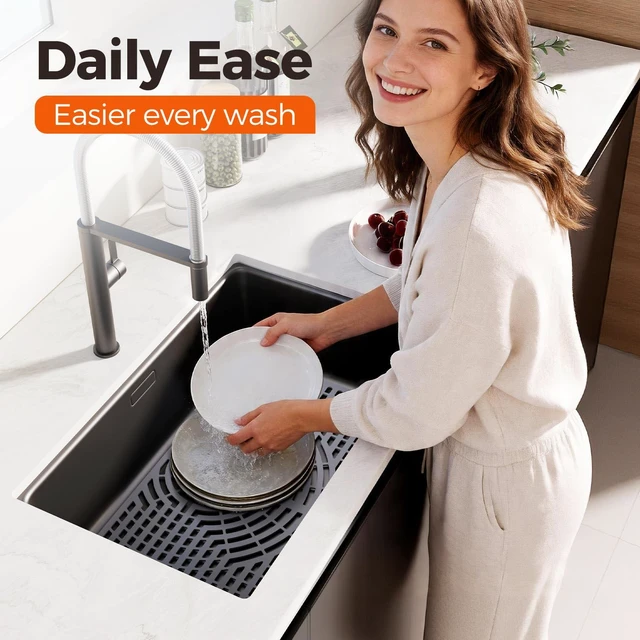 Alt view image 4 of 7 - Silicone Sink Protector for Kitchen Sink, 26x14" Rear Drain Scratch protection, cushions fragile dishes and glassware, dishwasher safe, food-grade silicone, 446°F heat resistant