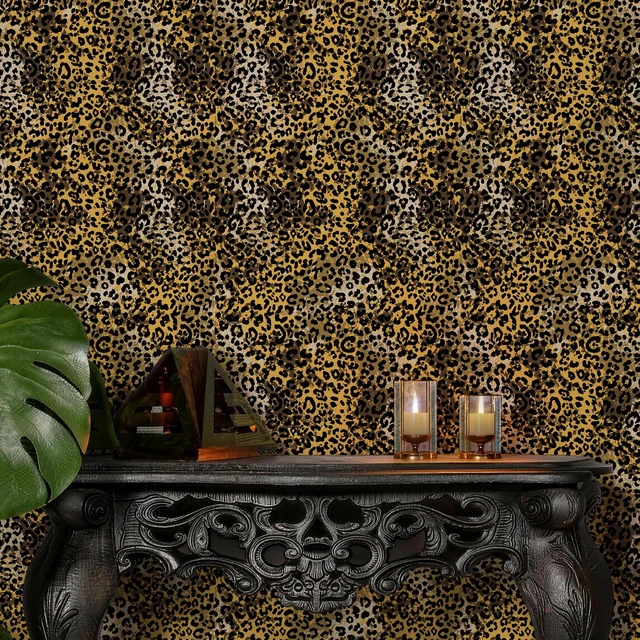 Alt view image 4 of 7 - Black Gold Leopard Print Peel and Stick Wallpaper, 17.3" x 400" Waterproof Removable Self Adhesive Wallpaper, Unique Funky Cheetah Contact Paper for Bedroom, Bathroom, Decor