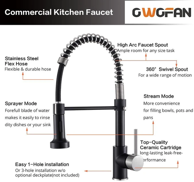 Alt view image 4 of 7 - Kitchen Faucet with Pull Down Sprayer Brushed Nickel&Black 1 Handle Spring Sink Faucets, Lead-Free Stainless Steel, 1 or 3-Hole with Deck Plate,Farmhouse, RV, Bar, Laundry Room