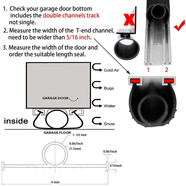 Alt view image 4 of 7 - Garage Door Bottom Seals Weatherproof Weather Stripping Threshold Buffering Sealing High Performance EPDM Rubber Resistance Gasket Black 5/16 Inch T-End, 16FT Long