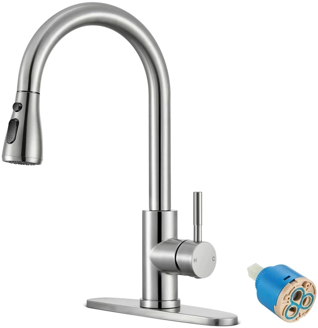Main image of Kitchen Faucets with Pull Down Sprayer, High Arc, Brushed Nickel Single Handle Stainless Steel Kitchen Sink Faucet, Single hole or 3 Hole, with Drip-Free Ceramic Cartridge Replacement