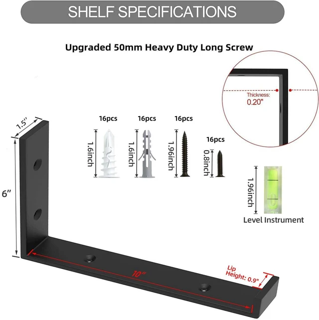 Alt view image 3 of 7 - Shelf Bracket, Heavy Duty Floating Shelf Brackets 10-Inch Long, 8-Pack Brackets for Shelves, Black Coated J Shape Metal Wall Shelf Support Brackets with 1/5-Inch Thick and 160 lb. Load Capacity