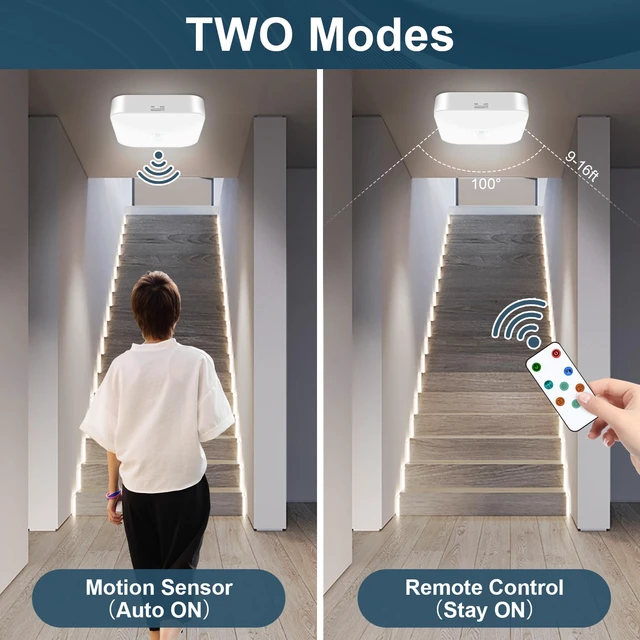 Alt view image 3 of 6 - Rechargeable Motion Sensor Ceiling Light with Remote, Wireless, 3000K-6000K Battery Operated, Motion Activated, Indoor Use for Closet, Shower, Hallway, Garage, Pantry, Stair and Bathroom