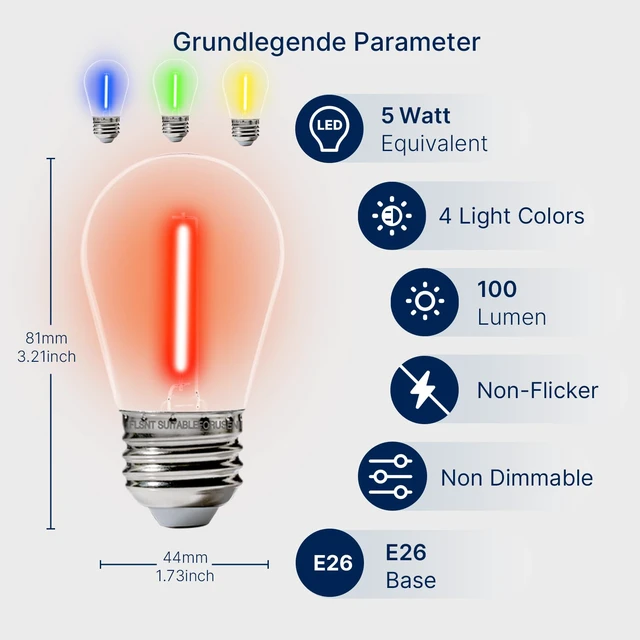 Alt view image 2 of 7 - 48 Pack S14 Colored LED String Light Bulbs, Waterproof Outdoor Replacement Bulbs, E26 Base, CRI80, Red/Green/Blue/Warm White
