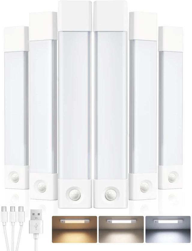 Main image of 11.8'' Motion Sensor Closet Lights,Under Cabinet Lighting, 6 Pack Rechargeable, 3 Color Temps, Glare-Free, Dimmible, Wireless, Stick-On, Night Lights for Wardrobe, Pantry, Bedroom, Stairs