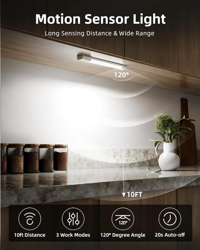 Alt view image 2 of 7 - 11.8'' Motion Sensor Closet Lights,Under Cabinet Lighting, 6 Pack Rechargeable, 3 Color Temps, Glare-Free, Dimmible, Wireless, Stick-On, Night Lights for Wardrobe, Pantry, Bedroom, Stairs