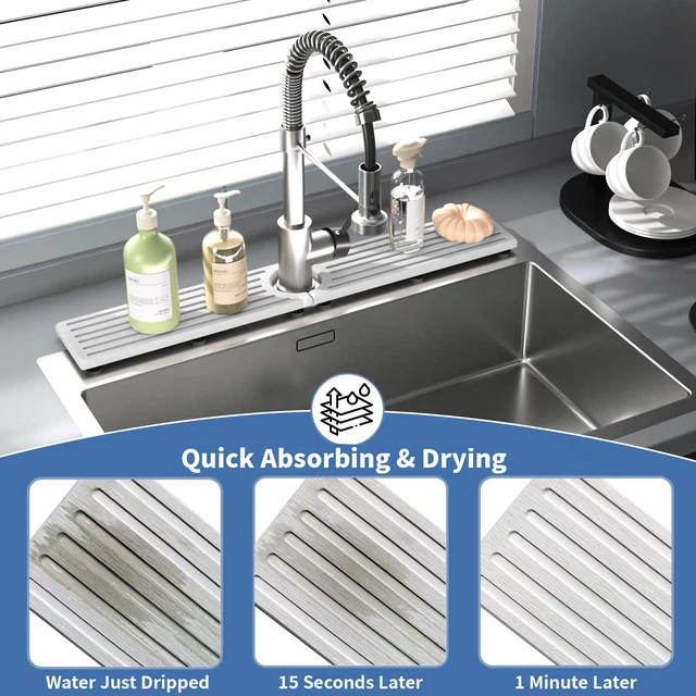 Alt view image 5 of 7 - Stone Faucet Mat for Kitchen Sink, Water Absorbing Sink Water Splash Guard, Fast-Drying Kitchen Sink Faucet Mat, Durable Protector and Stone Drying Mat for Kitchen Counter Bathroom Sink