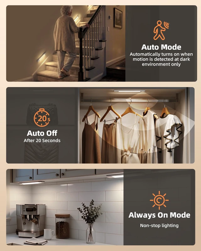 Alt view image 6 of 7 - 11.8'' Motion Sensor Closet Lights,Under Cabinet Lighting, 6 Pack Rechargeable, 3 Color Temps, Glare-Free, Dimmible, Wireless, Stick-On, Night Lights for Wardrobe, Pantry, Bedroom, Stairs