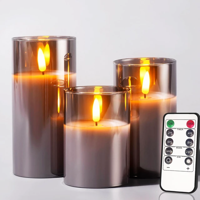 Main image of Glass Battery Operated LED Flameless Candles with Remote and Timer, Real Wax Candles Warm Color Flickering Light for Festival Wedding Home Party Decor(Pack of 3)-Grey