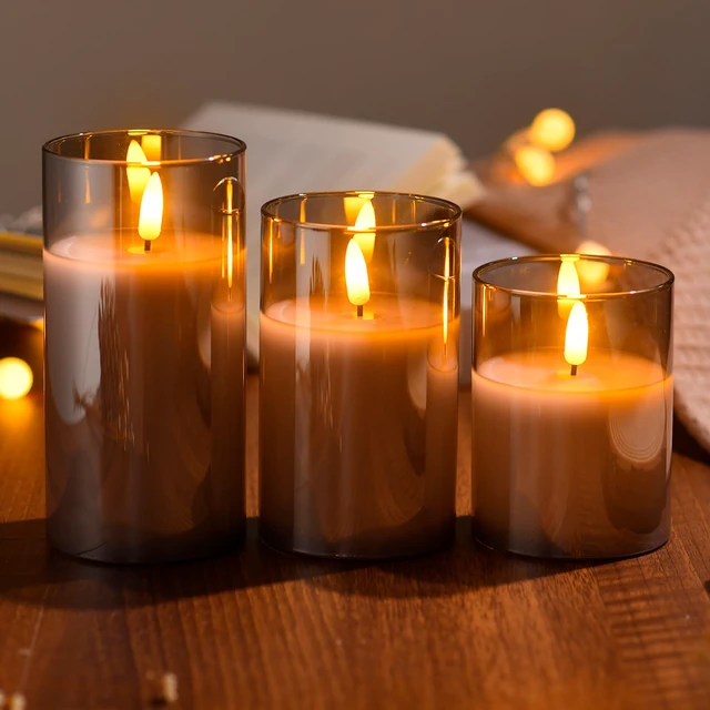 Alt view image 4 of 7 - Glass Battery Operated LED Flameless Candles with Remote and Timer, Real Wax Candles Warm Color Flickering Light for Festival Wedding Home Party Decor(Pack of 3)-Grey