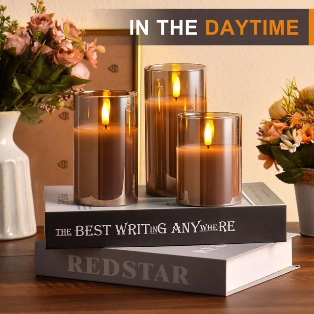Alt view image 2 of 7 - Glass Battery Operated LED Flameless Candles with Remote and Timer, Real Wax Candles Warm Color Flickering Light for Festival Wedding Home Party Decor(Pack of 3)-Grey