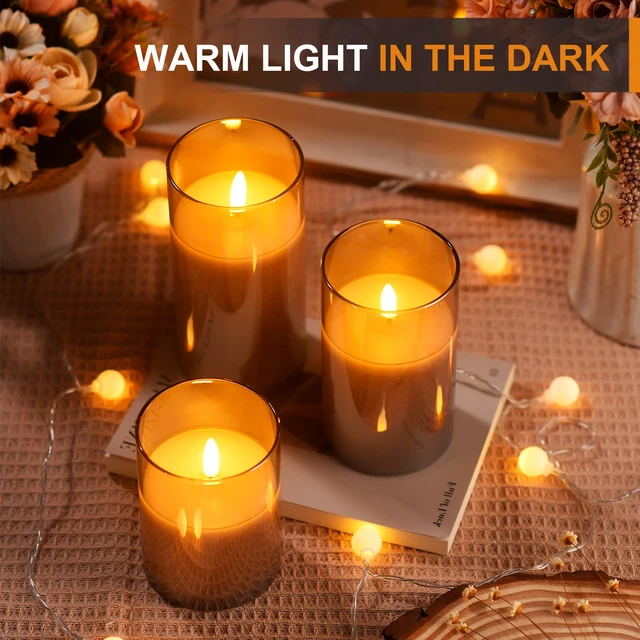 Alt view image 3 of 7 - Glass Battery Operated LED Flameless Candles with Remote and Timer, Real Wax Candles Warm Color Flickering Light for Festival Wedding Home Party Decor(Pack of 3)-Grey