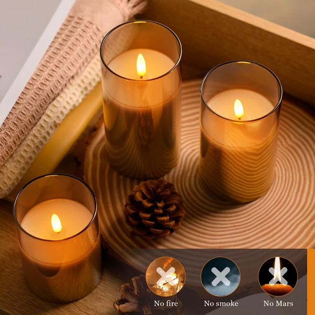 Alt view image 5 of 7 - Glass Battery Operated LED Flameless Candles with Remote and Timer, Real Wax Candles Warm Color Flickering Light for Festival Wedding Home Party Decor(Pack of 3)-Grey