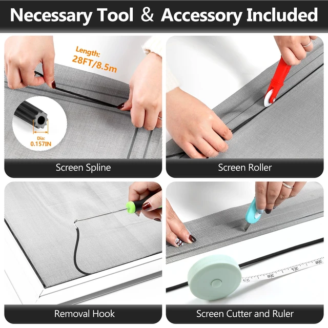 Alt view image 3 of 7 - Window Screen and Screen Door Mesh Repair Kit, Black, 48in x 118in Replacement Tools Kit, Easy to Install, Extra Large, Durable Fiberglass, Pet and Kid Friendly, For Window Door Patio & Porch