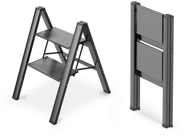 Main image of 2 Step Ladder, Foldable Step Stool, 300lbs Load, Black Folded 27''H x 2''T; Net 6.6 lbs; Rigid Aluminum Steps; No Assembly; For Home, Kitchen, Office, Pantry, Closets, Cabinets