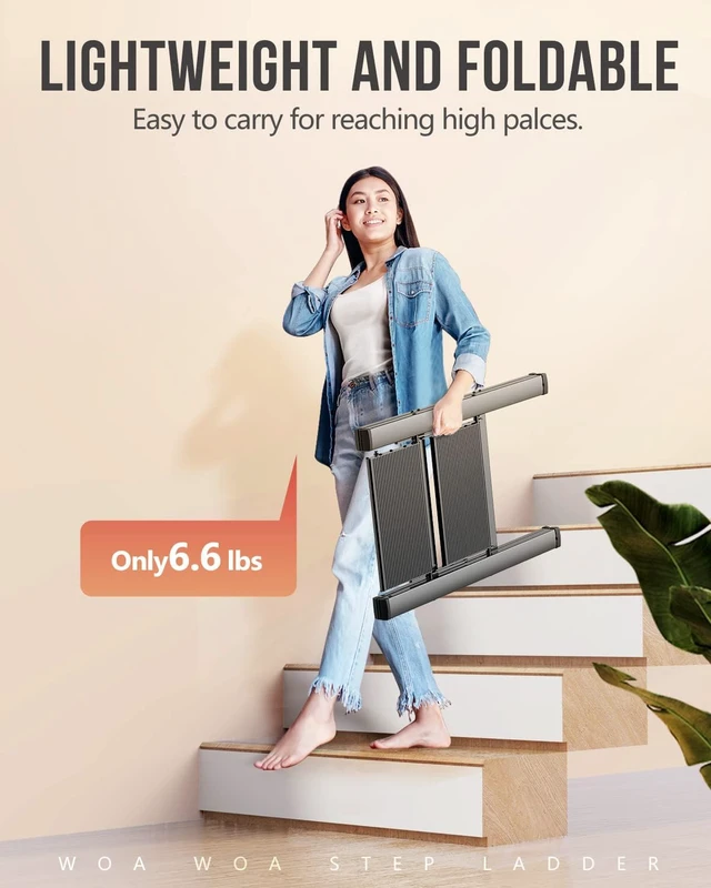 Alt view image 3 of 7 - 2 Step Ladder, Foldable Step Stool, 300lbs Load, Black Folded 27''H x 2''T; Net 6.6 lbs; Rigid Aluminum Steps; No Assembly; For Home, Kitchen, Office, Pantry, Closets, Cabinets