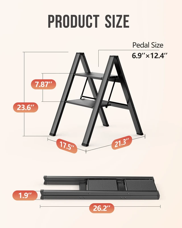 Alt view image 2 of 7 - 2 Step Ladder, Foldable Step Stool, 300lbs Load, Black Folded 27''H x 2''T; Net 6.6 lbs; Rigid Aluminum Steps; No Assembly; For Home, Kitchen, Office, Pantry, Closets, Cabinets