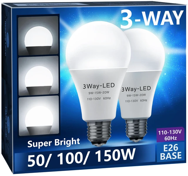 Main image of 3 Way LED Light Bulbs 50-100-150W Equivalent A21 Daylight White 3-Way LED Light Bulb 5000K E26 Medium Base 600LM-1250LM-1850LM, Perfect for Table Lamp, Floor Lamp, Desk Lamp, 2 Pack
