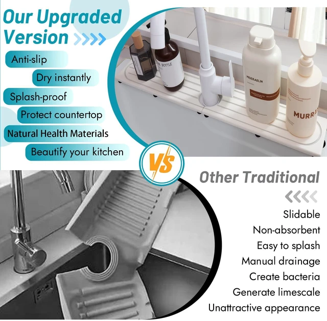 Alt view image 6 of 7 - Faucet Mat for Kitchen Sink with Raised Feet, Stone Sink Mat Quick Dry around Faucet, Water Absorbent Stone Tray, Sink Splash Guard & Protectors, Stone Drying Mat for kitchen Counter