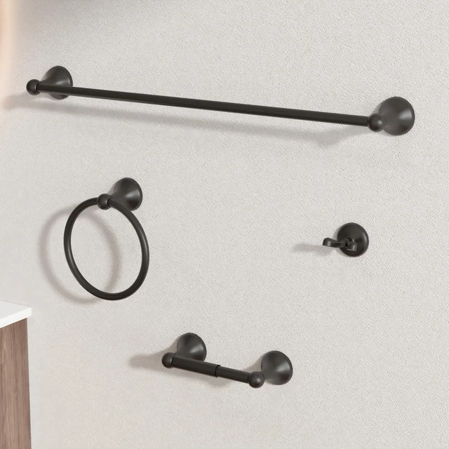 Main image of Bathroom Accessory Set, Matte Black Adjustable Expandable Towel Bar 4-Piece Bathroom Hardware Set Wall Mounted Robe Hook Toilet Paper Holder Towel Ring Towel Bar