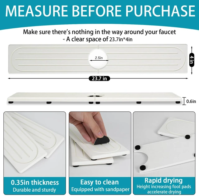 Alt view image 7 of 7 - Faucet Mat for Kitchen Sink with Raised Feet, Stone Sink Mat Quick Dry around Faucet, Water Absorbent Stone Tray, Sink Splash Guard & Protectors, Stone Drying Mat for kitchen Counter