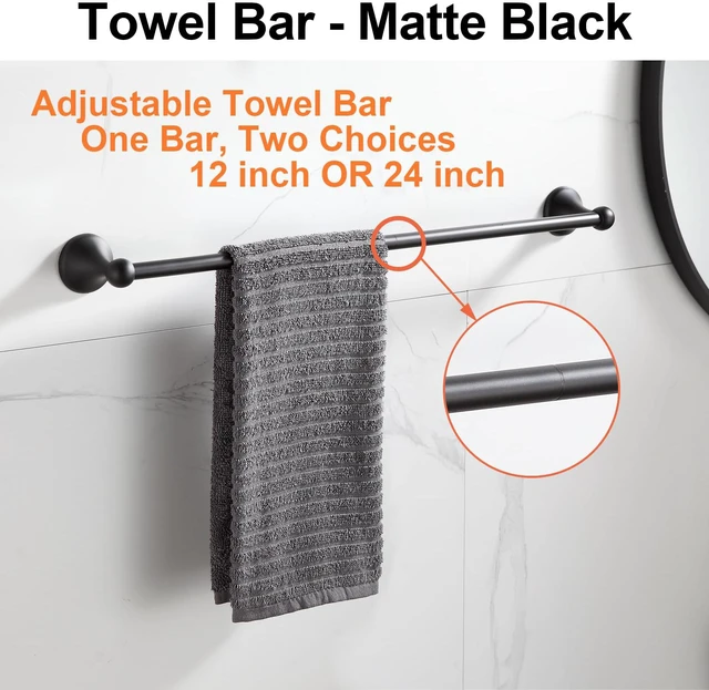 Alt view image 2 of 7 - Bathroom Accessory Set, Matte Black Adjustable Expandable Towel Bar 4-Piece Bathroom Hardware Set Wall Mounted Robe Hook Toilet Paper Holder Towel Ring Towel Bar