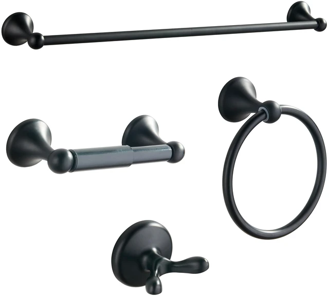 Alt view image 4 of 7 - Bathroom Accessory Set, Matte Black Adjustable Expandable Towel Bar 4-Piece Bathroom Hardware Set Wall Mounted Robe Hook Toilet Paper Holder Towel Ring Towel Bar