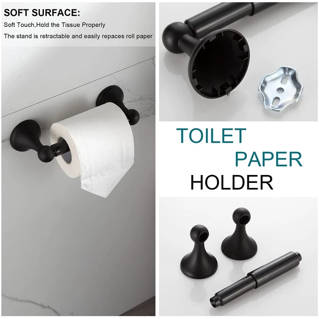 Alt view image 6 of 7 - Bathroom Accessory Set, Matte Black Adjustable Expandable Towel Bar 4-Piece Bathroom Hardware Set Wall Mounted Robe Hook Toilet Paper Holder Towel Ring Towel Bar