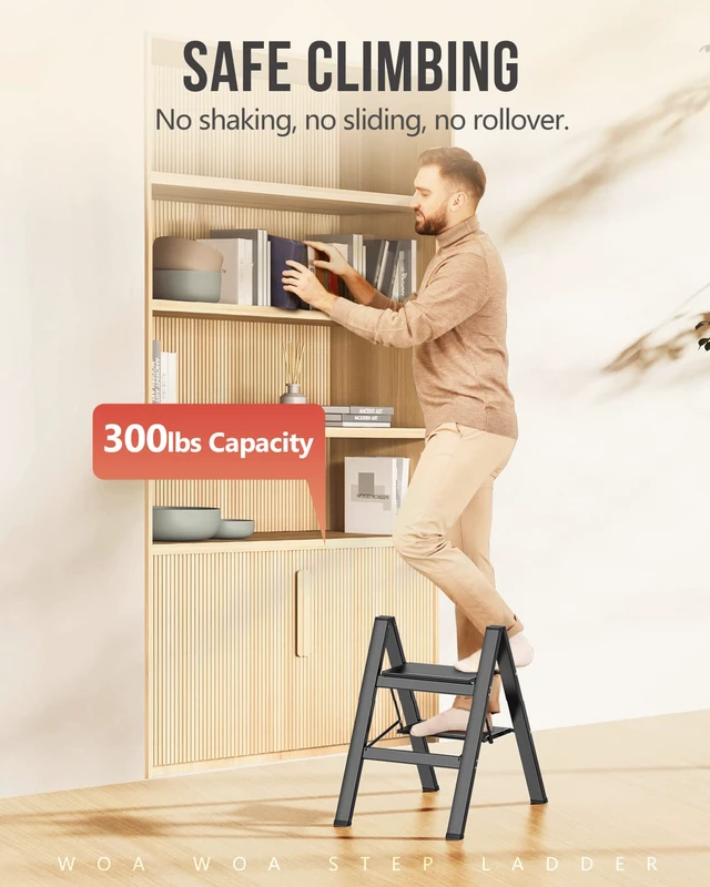 Alt view image 5 of 7 - 2 Step Ladder, Foldable Step Stool, 300lbs Load, Black Folded 27''H x 2''T; Net 6.6 lbs; Rigid Aluminum Steps; No Assembly; For Home, Kitchen, Office, Pantry, Closets, Cabinets
