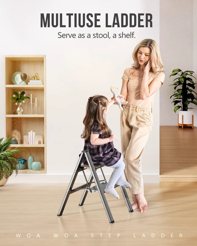 Alt view image 7 of 7 - 2 Step Ladder, Foldable Step Stool, 300lbs Load, Black Folded 27''H x 2''T; Net 6.6 lbs; Rigid Aluminum Steps; No Assembly; For Home, Kitchen, Office, Pantry, Closets, Cabinets