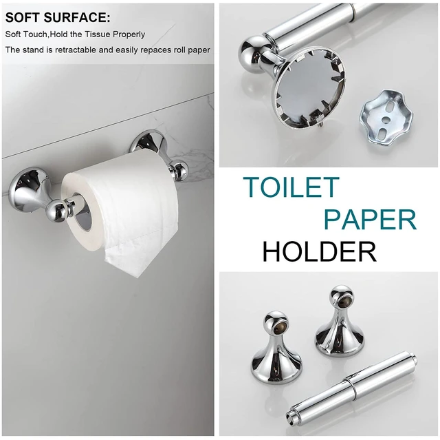 Alt view image 5 of 7 - Bathroom Hardware Set, Chrome Adjustable Expandable Towel Bar 4-Piece Bathroom Accessory Set Wall Mounted Robe Hook Toilet Paper Holder Towel Ring Towel Bar
