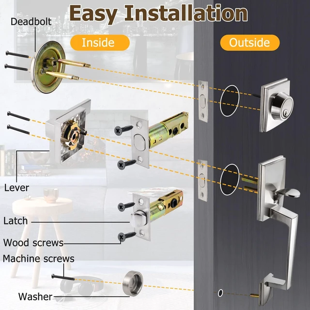 Alt view image 7 of 7 - Front Door Handle and Deadbolt Set, Front Door Lock Set, Exterior Door Lock Set, Front Door Handle with Single Cylinder Deadbolt for Exterior Door,Reversible for Right&Left(Satin Nickel Modern)
